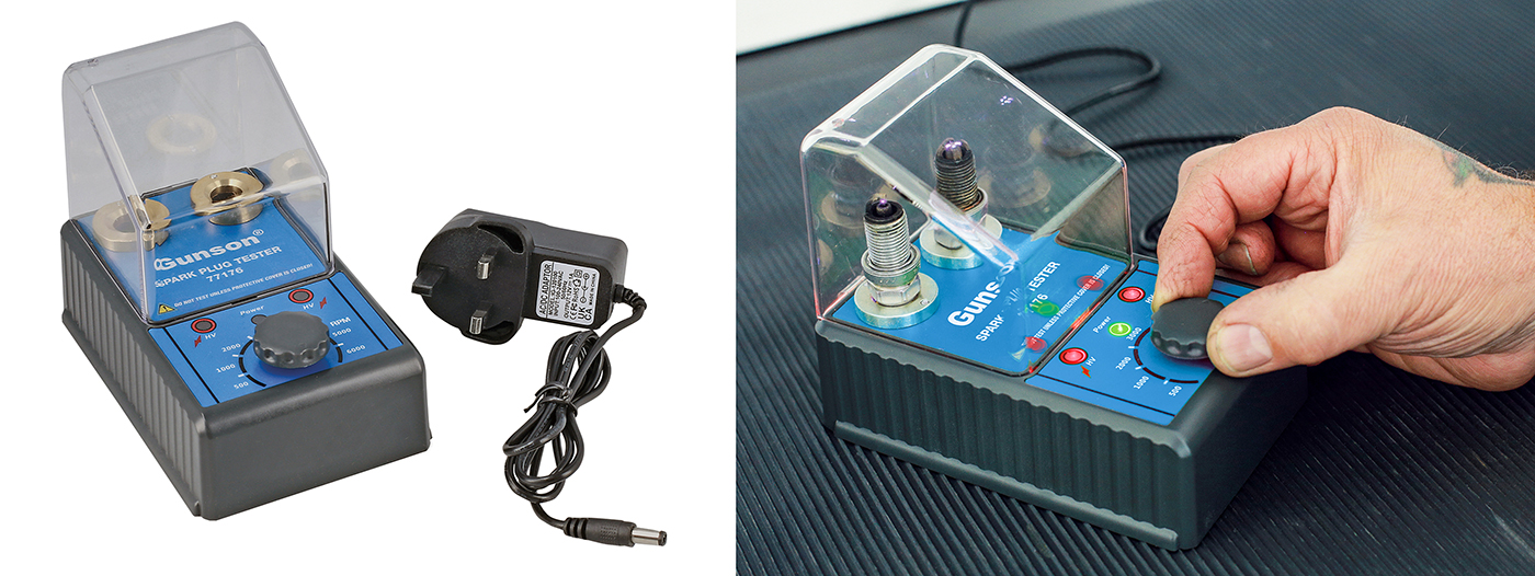 Easy-to-use dual-plug, spark plug tester from Gunson Tools replicates engine RPM